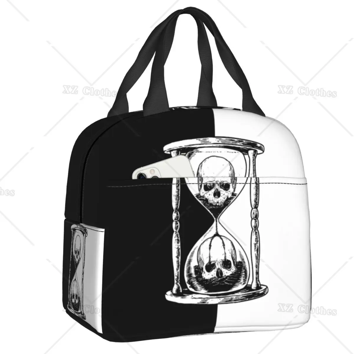 

Black and White Sand Clock Skull Thermal Insulated Lunch Bag Reusable and Portable Lunch Box Container for Men Boys Picnic Trip