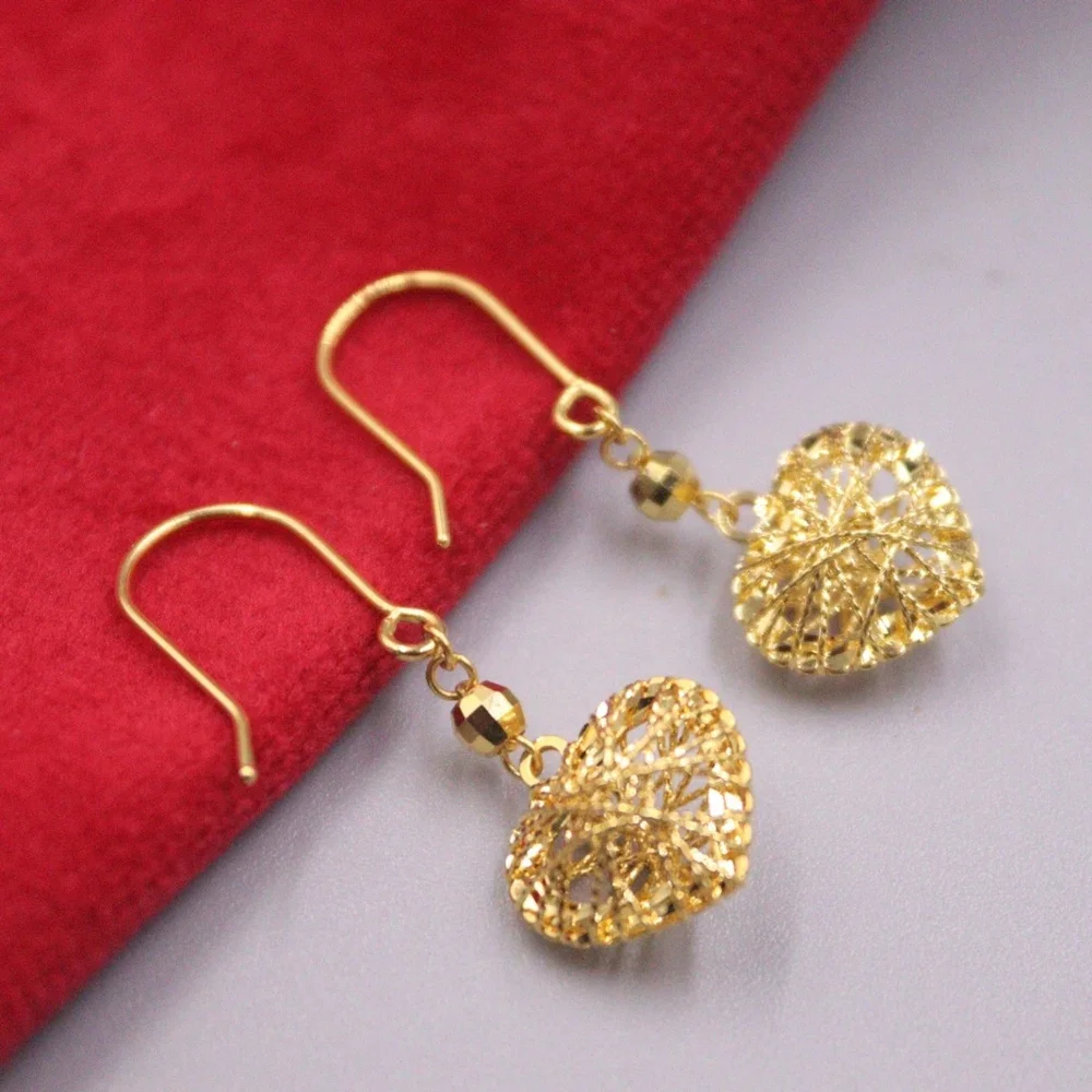 

Real Pure 18K Yellow Gold Dangle Women Best Gift Lucky Bead Hollow Heart Earrings 2.1g