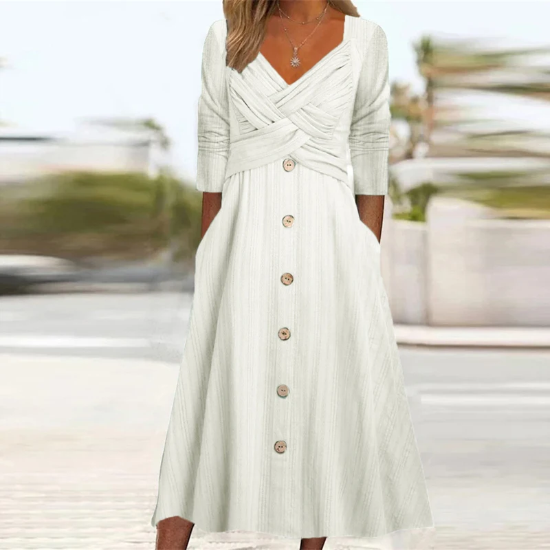 

Fashion Twist Button Fake Two-piece Mid Dress Female Casual Short Sleeve Loose Pullover Dress Women O-Neck Solid A-line Dresses