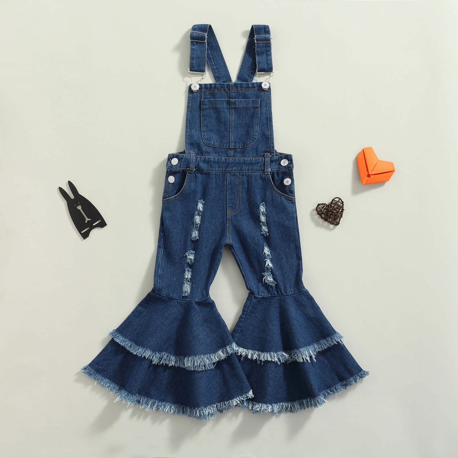 Girls Suspender Trousers Blue Solid Color Sleeveless Overalls with Ruffled Hem and Broken Holes