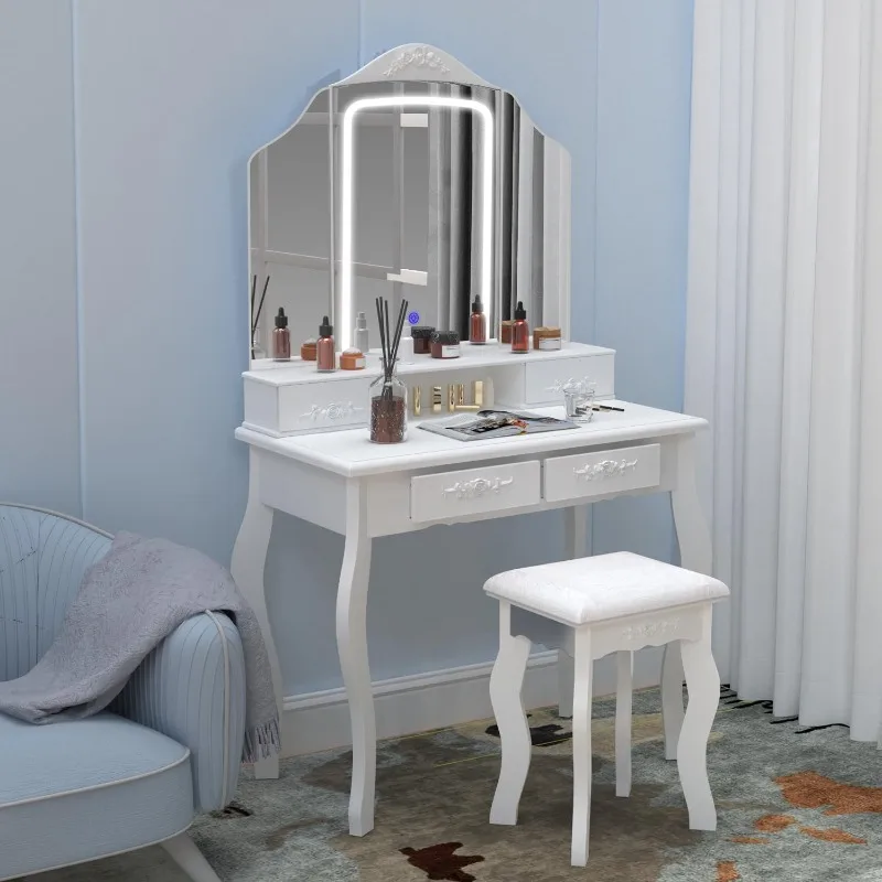 

JIFULI Modern Vanity Table Set with Lighted Mirror, Makeup Table with 4 Drawer, Embedded Lights Dressing Vanity Table with Cushi