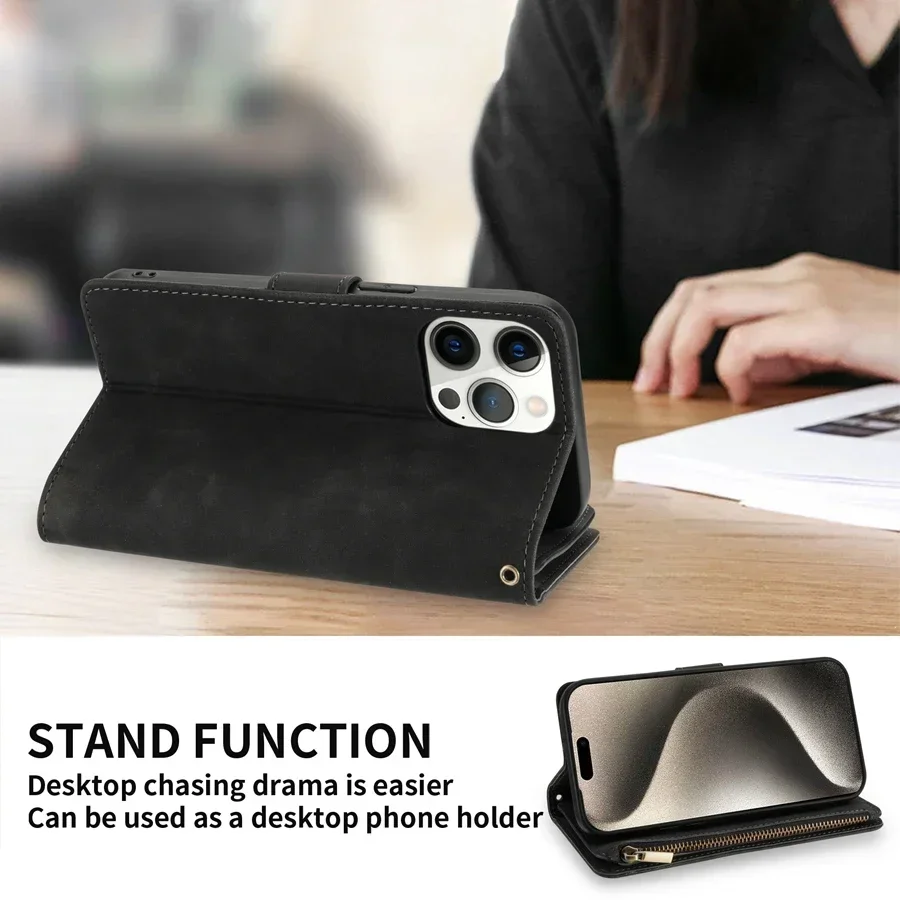 Versatile Multi-Card Zipper Wallet with Kickstand & Magnetic Closure – Leather Case