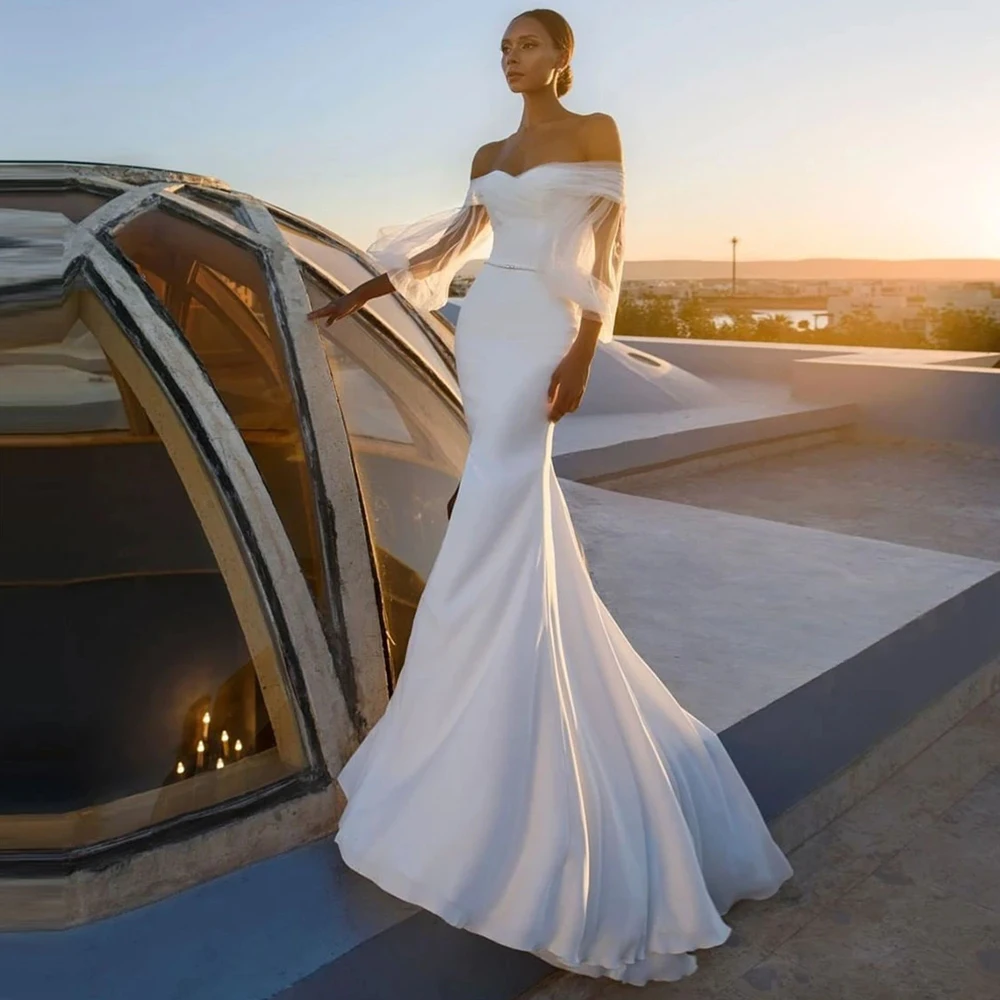 

Modern Mermaid Satin Wedding Dresses Puff Sleeves Off the Shoulder Pleat Ruched Boho Bridal Gowns 2023 свадебное платье Robe De