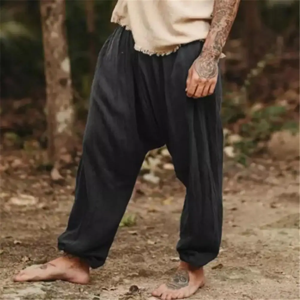 

Men Daily Clothes Soft Breathable Ankle-banded Men's Vintage Long Trousers Elastic Waist Solid Color Thin Pocket Baggy Pants