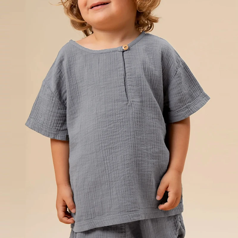 

100% Cotton Gauze Boys T-Shirt 2024 Summer New Baby Kids Casual Loose Round Neck Short Sleeved a Button Tops
