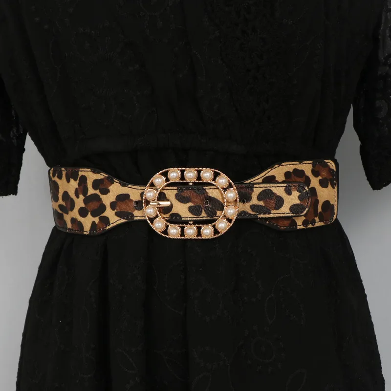 

Женский леопардовый ремень из ПУ кожи, с жемчужной пряжкой