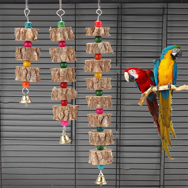 Bird Toys S/M/L For Parrot Chew Bite Hanging Cage Decoration Beak Grinding Colorful Wooden Toy with Bell Birds Supplies