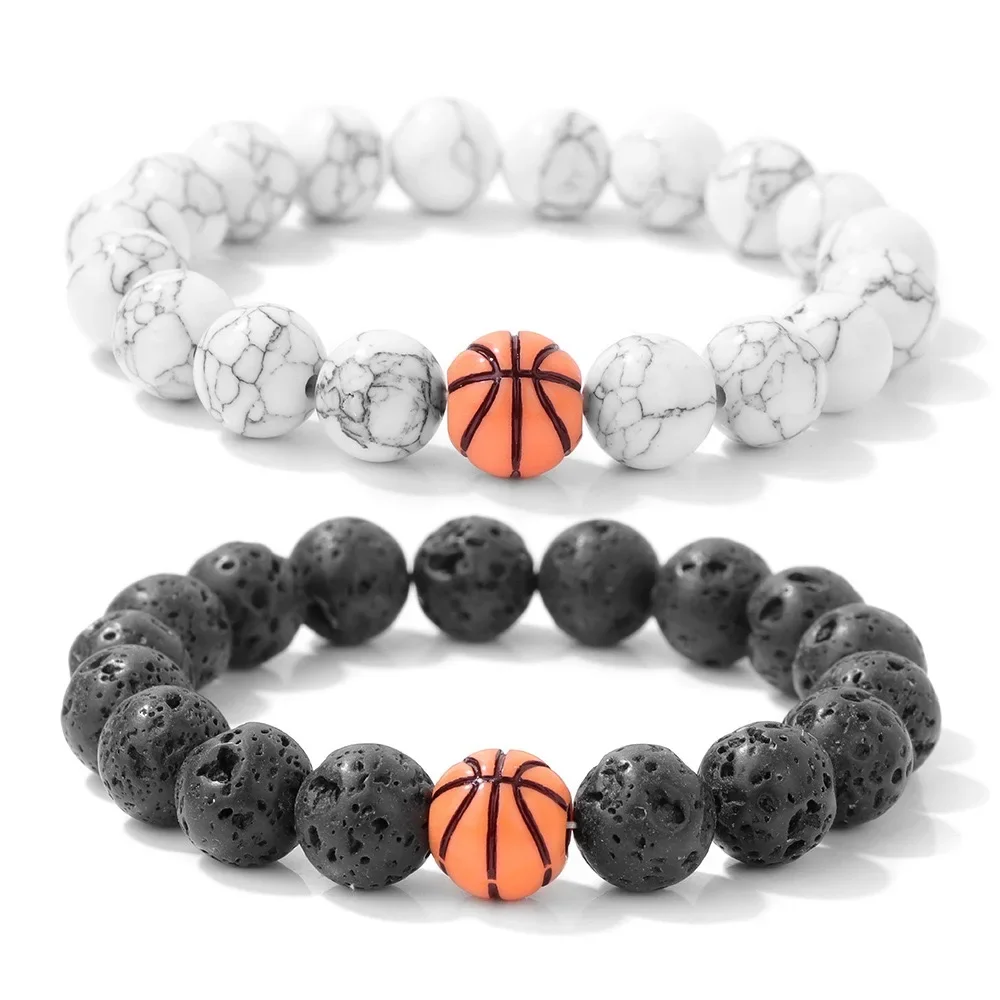 Fashion 2Pcs/set Men Bracelet Natural 10mm White Howlite Lava Stone Basketball Soccer Baseball Braclet Sports Leisure Hand Joias