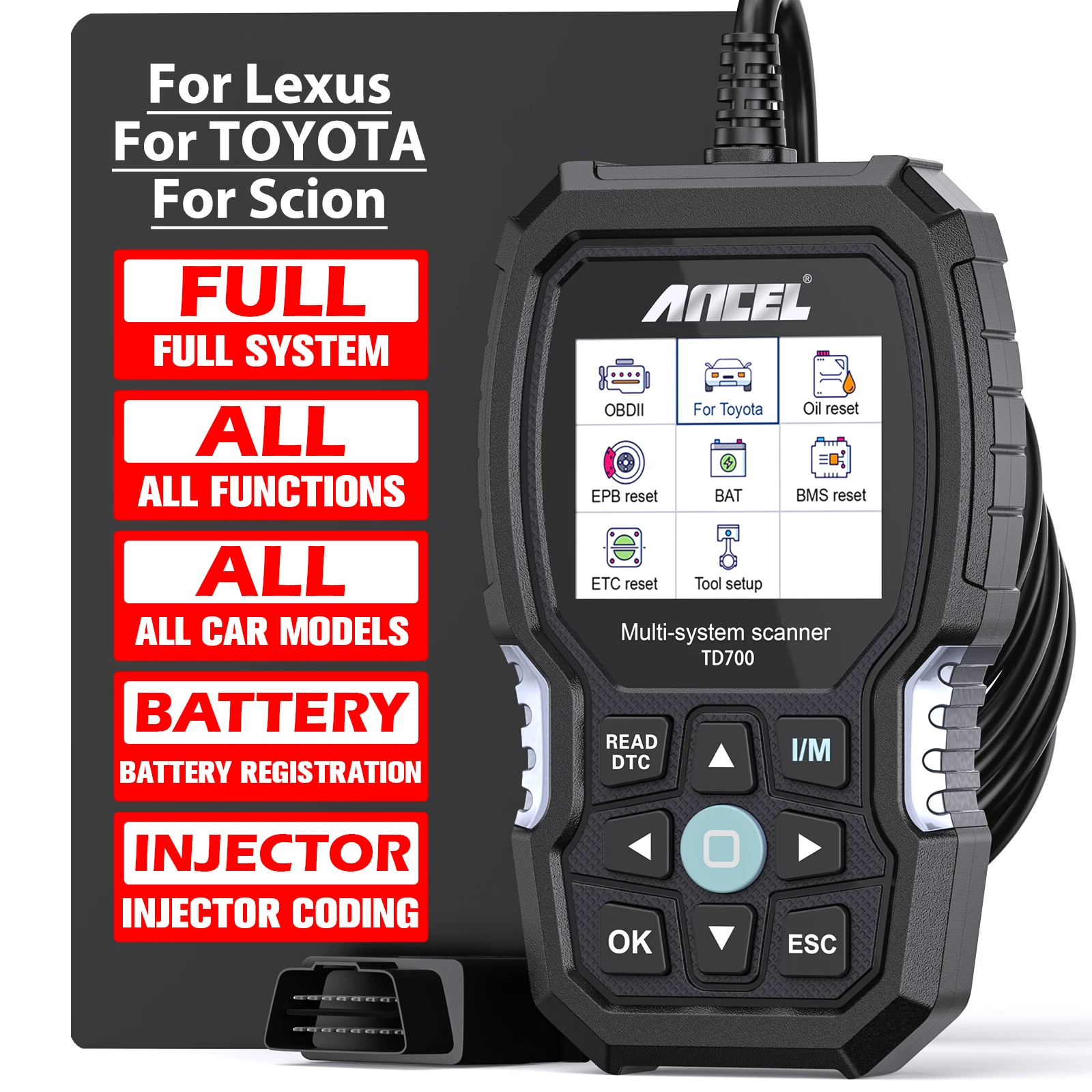 ANCEL TD700 OBD2 Автомобильные диагностические инструменты полная система TPMS ABS EPB SAS DPF BMS сброс масла OBD 2 Автомобильный сканер для Toyota