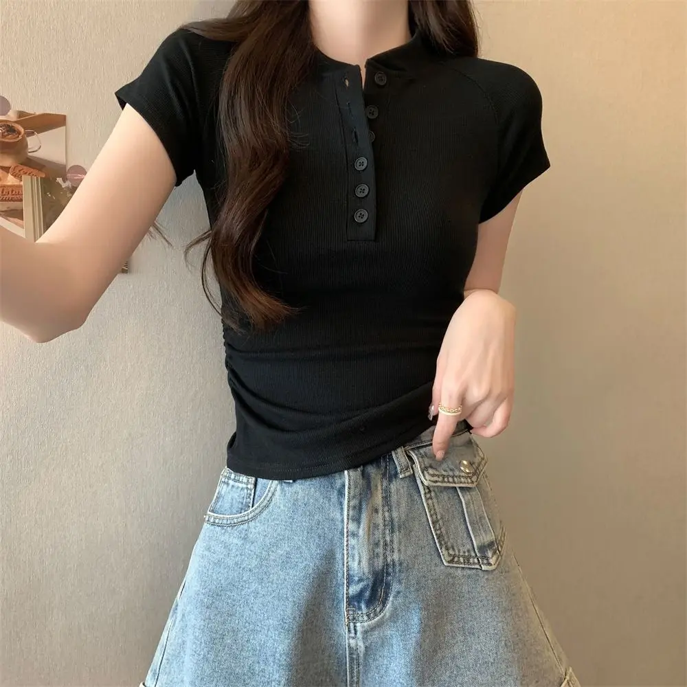 Fashion Y2K Half Open Collar T Shirt Pullover Slim Fit Short Sleeve Crop Top Button Undershirts Simple T-shirts Women Summer