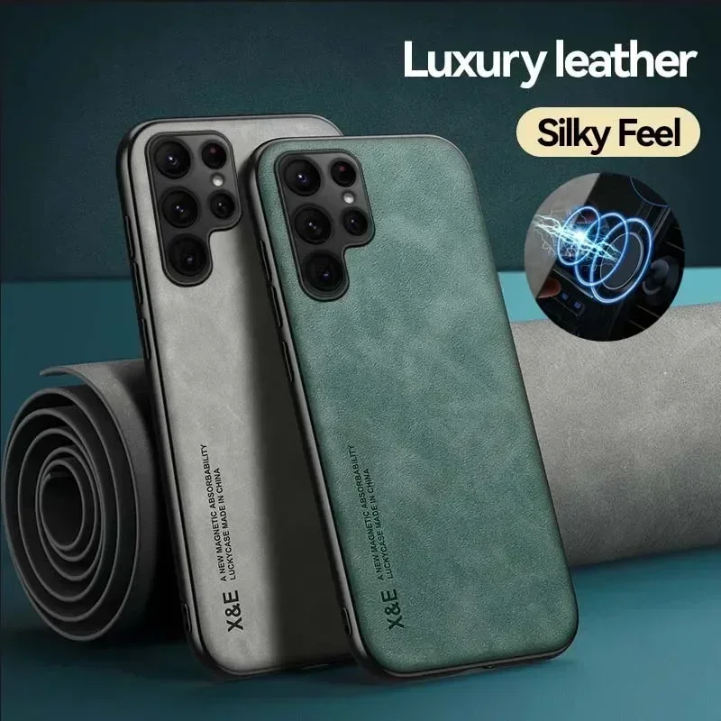 Luxury Leather Case For Samsung S25 S24 S23 Ultra FE A56 A55 A36 A35 A15 A16 5G Cover With Metal Plate Support Car Hold 2