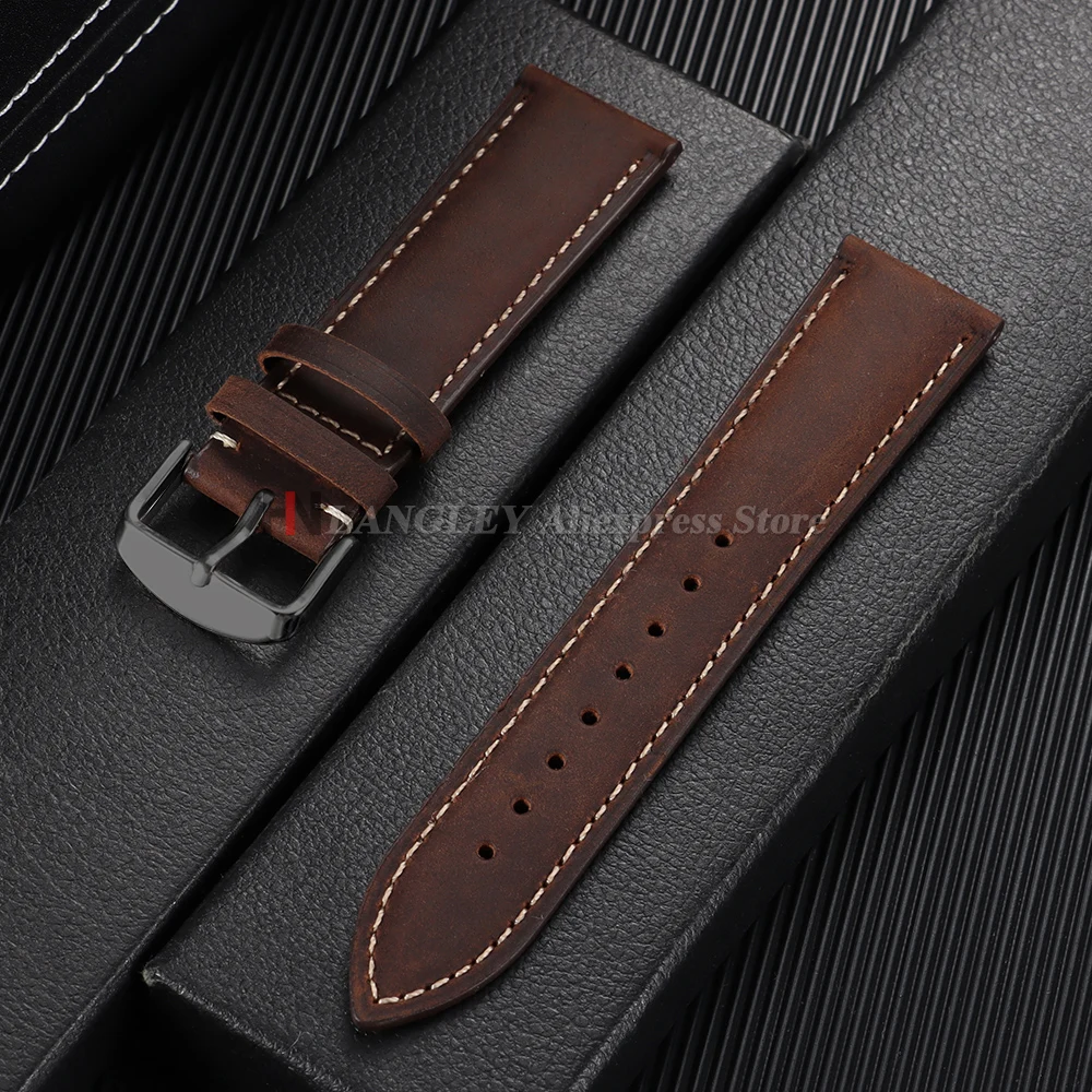 Vintage Dark Brown Cowhide Leather Watch Strap with Pins and Buckle - 20mm/22mm