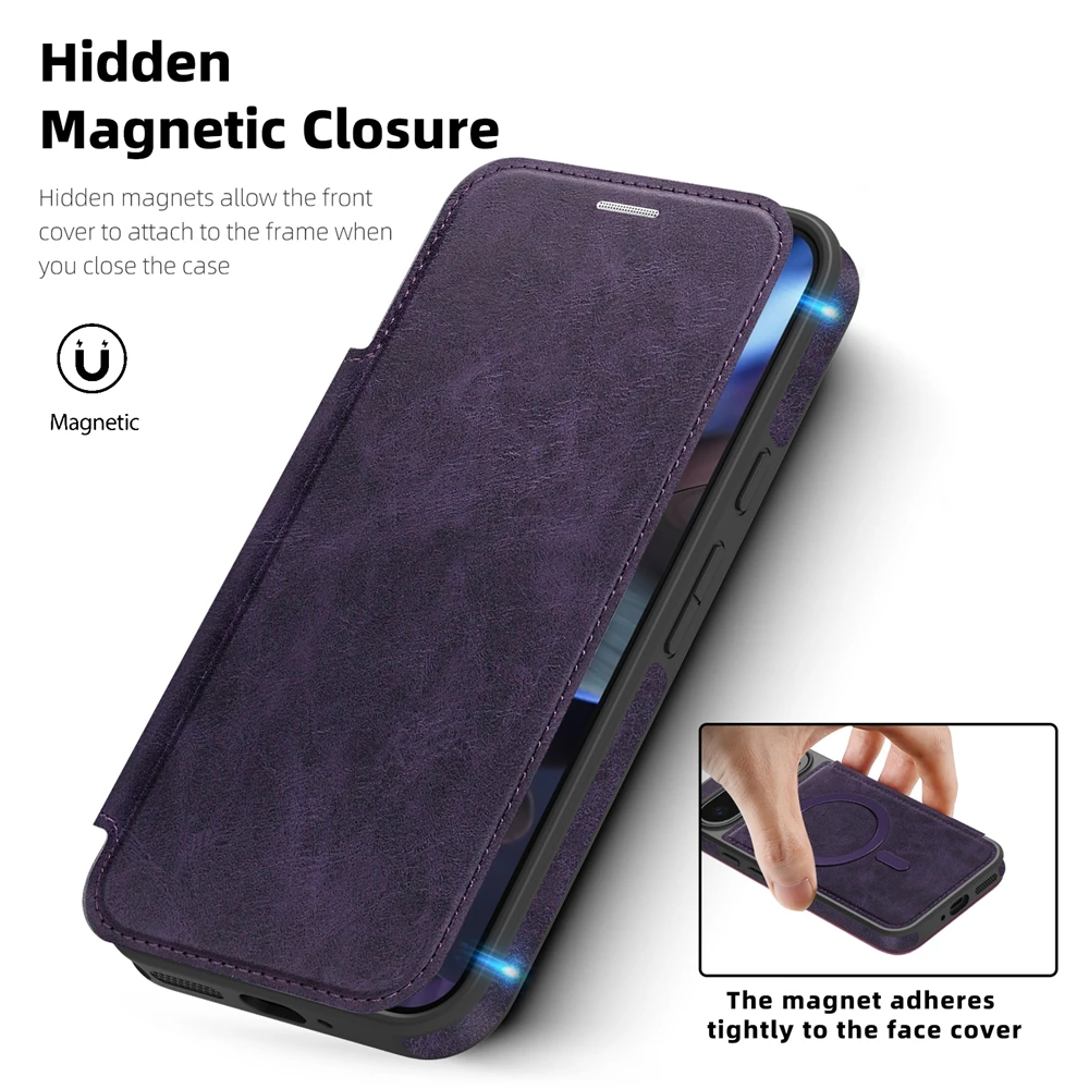 Magnetic Leather Flip Case with Card Slot and Magsafe Compatibility