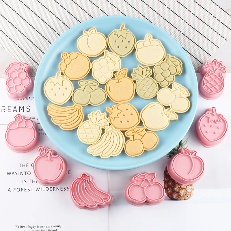 8Pcs/Set 3D Banana Peach Pressable Biscuit Mold Plastic Fondant Stamp Kitchen DIY Baking Tools Cartoon Apple Fruit Cookie Cutter