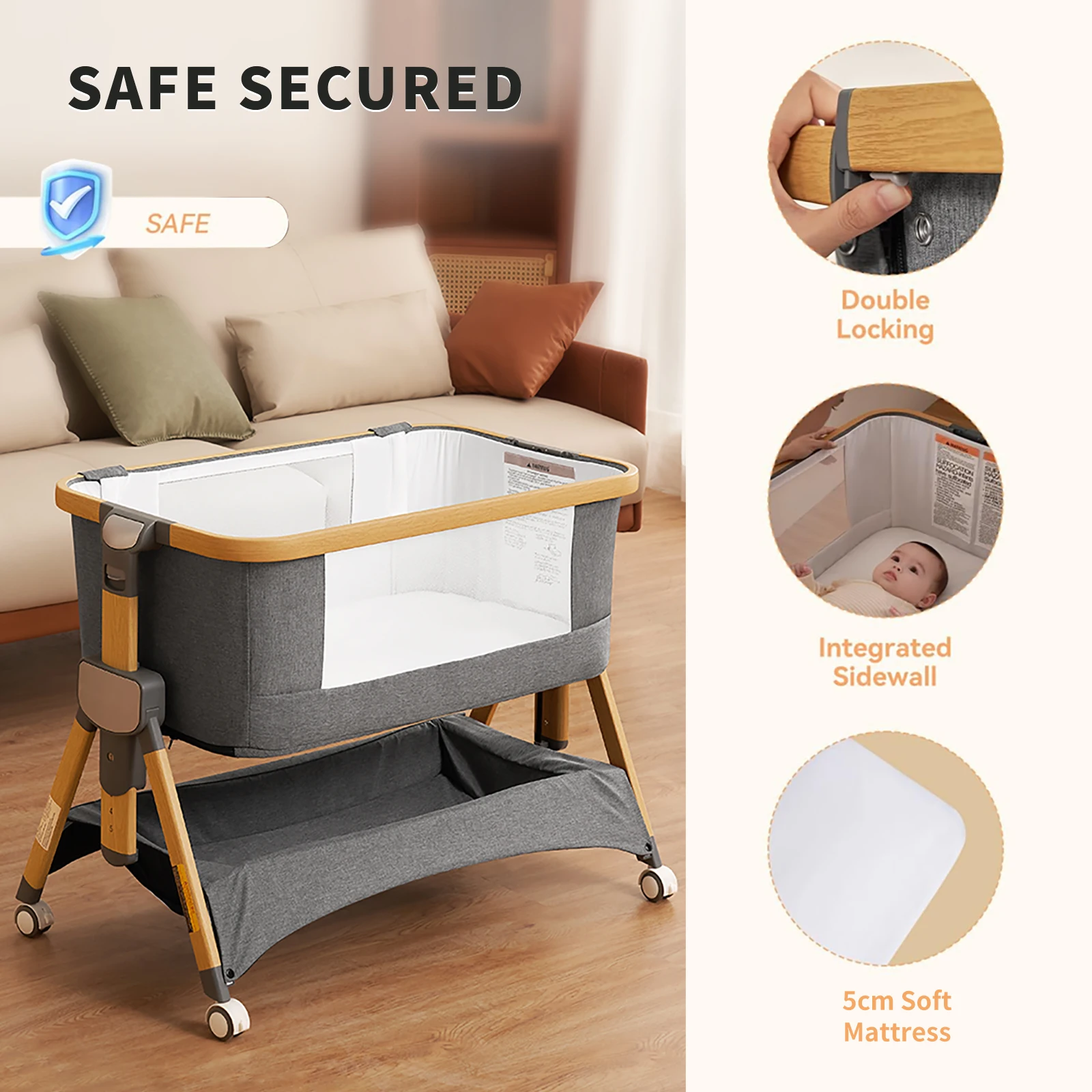 Cozy2 Baby Bedside Bassinet Sleeper Portable Travel Bassinet with Bigger Wheels 3 in 1 Crib with Mattress, Storage Bask
