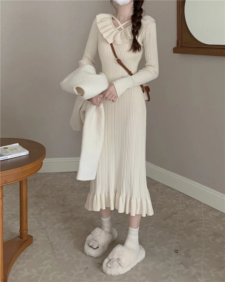 Autumn Knitted Dresses for Women Ruffles V-neck Solid Bodycon Casual Solid Midi Dress Korean Fashion Vestidos Mujer New Knitwear