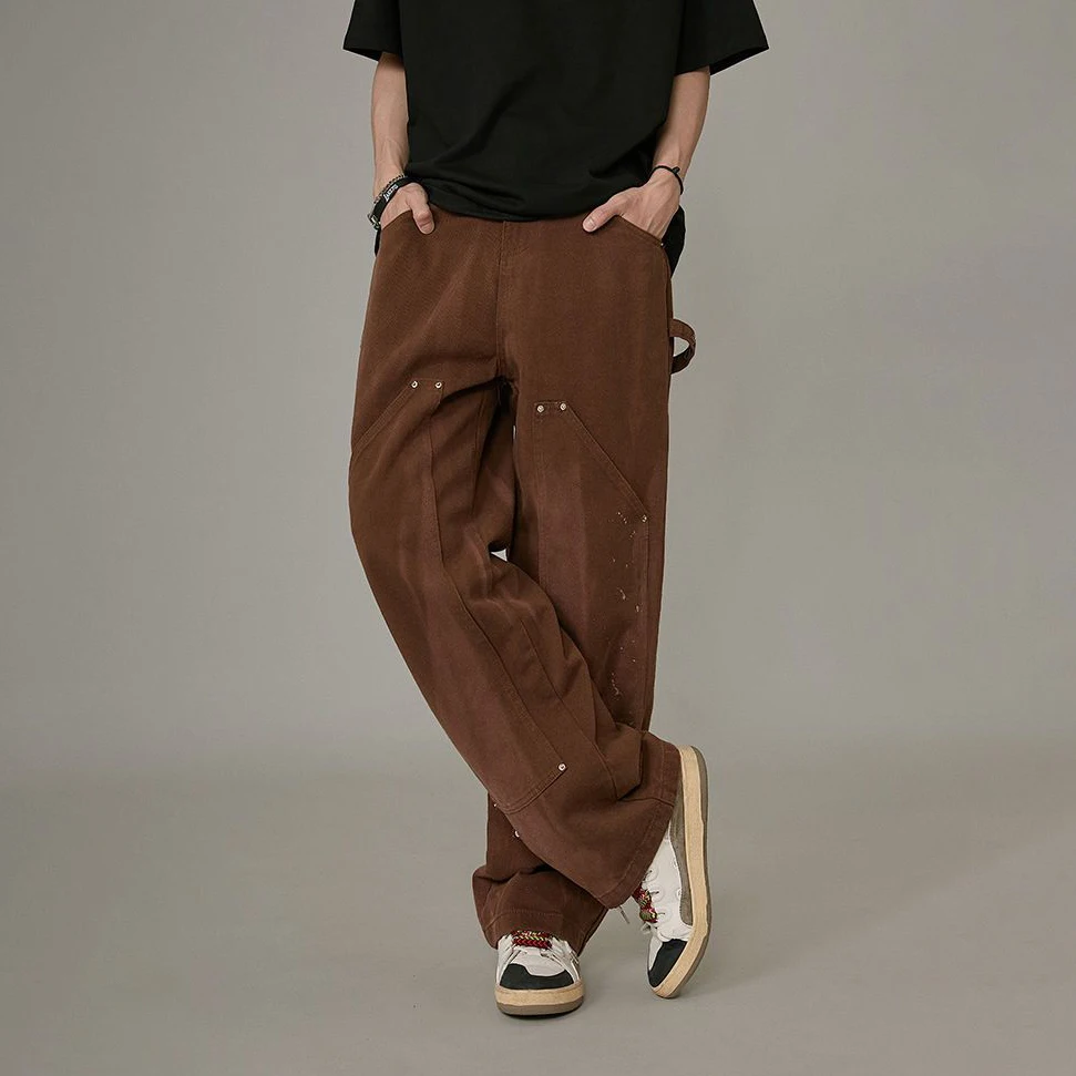 2023 New Fashion Ankle Zipper Brown Baggy Men Cargo Wide Pants Hip Hop