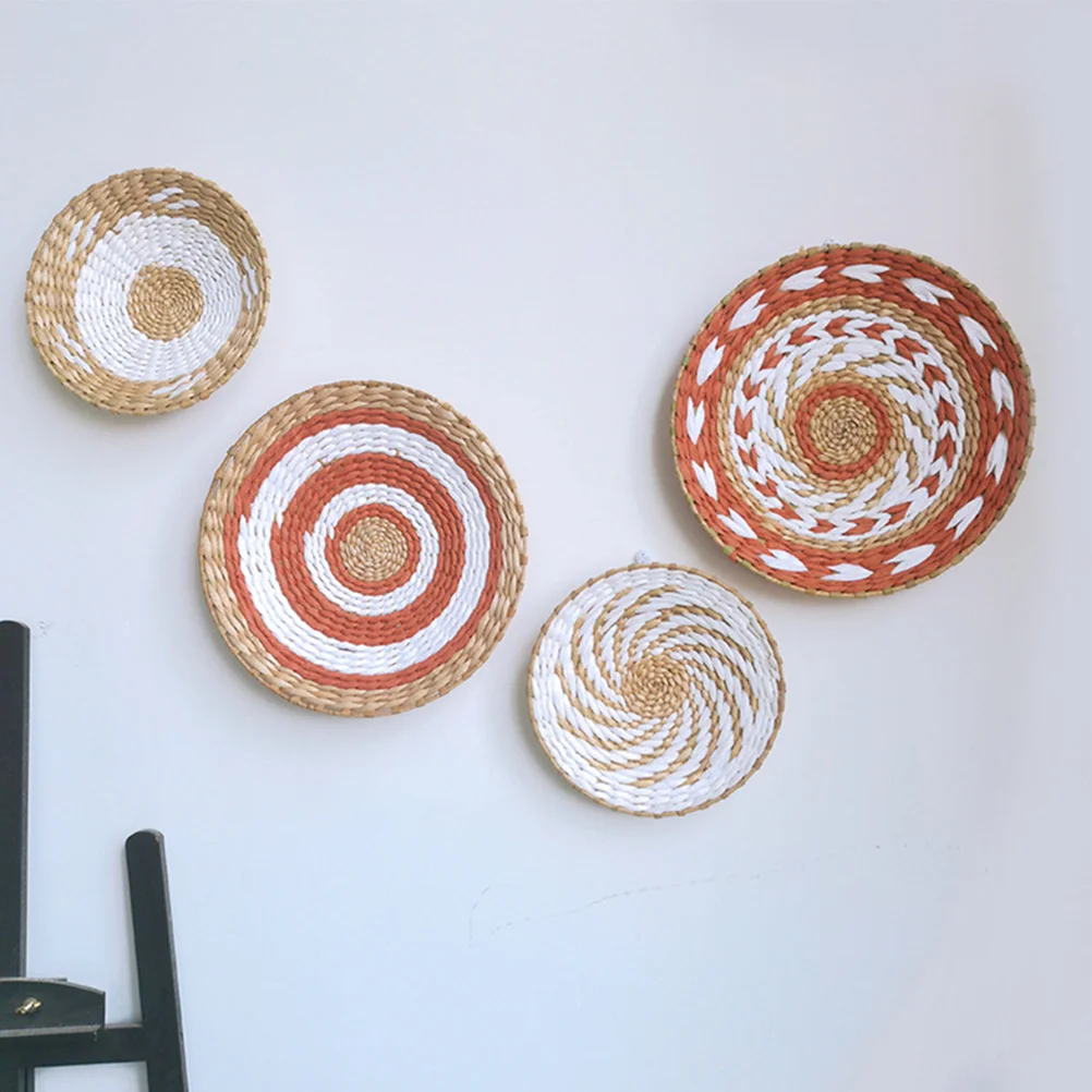 4 Pcs Wall Decoration Plates Bright Colorful Patterns Woven Basket Decorations Straw Hanging Nordic Style Home naments