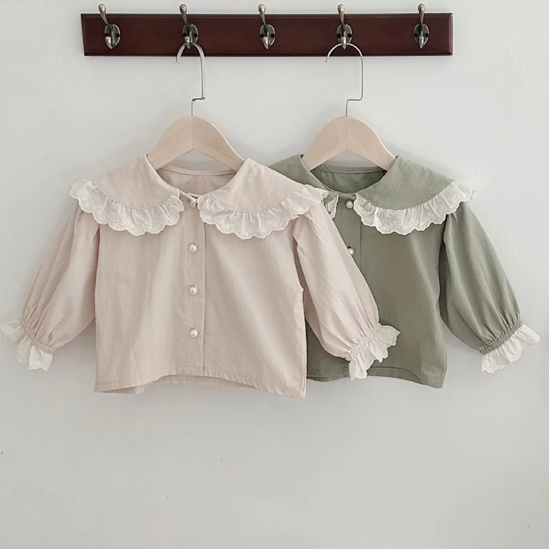 

Детский хлопковый кардиган, кофта с длинными рукавами и кружевом в Корейском стиле на возраст 0-24 месяца, футболка для маленьких девочек, новинка весны 2024