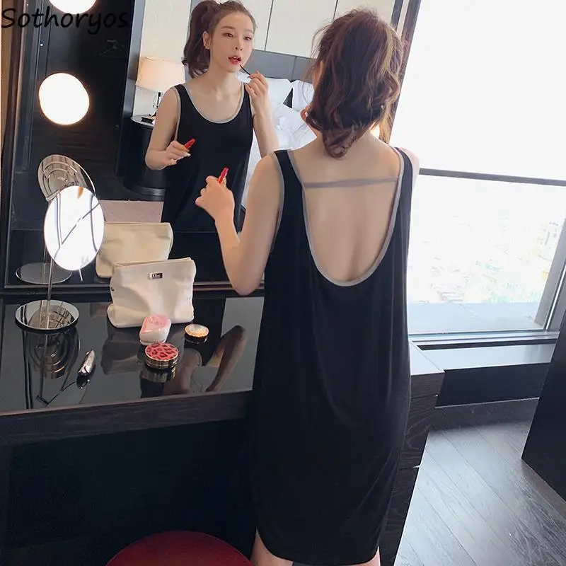 

Nightgowns Women Simple Patchwork Sexy Backless Summer Baggy Cool Nighty for Ladies Korean Style Leisure Cozy Basic Sleeveless