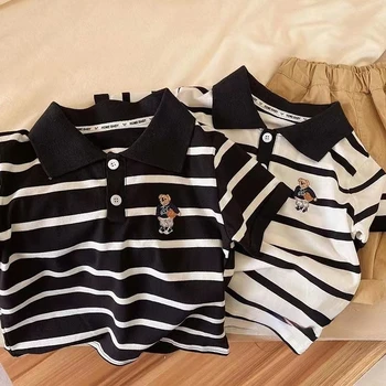 Vestiti estivi per bambini cotone 2023 nuovi ragazzi bella moda Casual risvolto a righe modello cartone animato stampato Polo manica corta 1