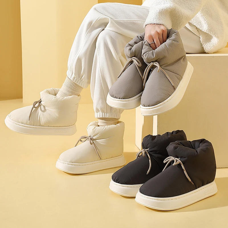 Thick Sole Waterproof Snow Boots Women Drawstring Warm Platform Cotton Padded Shoes Woman Anti Slip Thicken Plush Ankle Boots