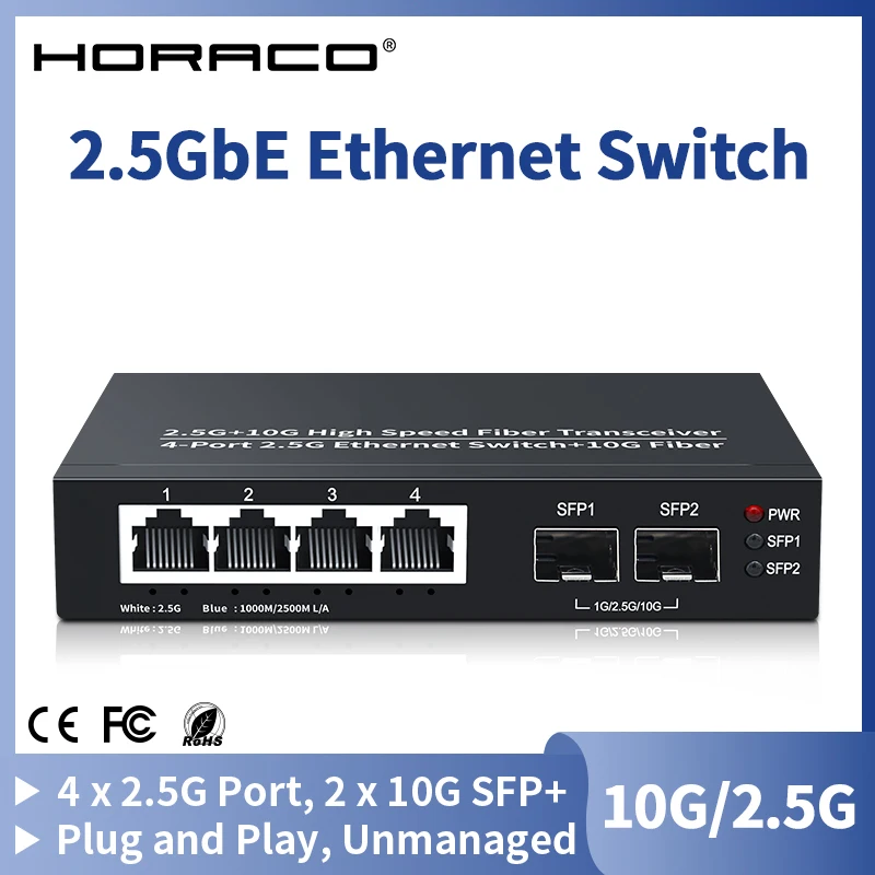 HORACO 2.5GbE Switch Ethernet 4 porte 2500Mbps Switcher di rete 2 porte 10G  SFP + Slot Home Lab Hub Internet Splitter Plug and Play - AliExpress