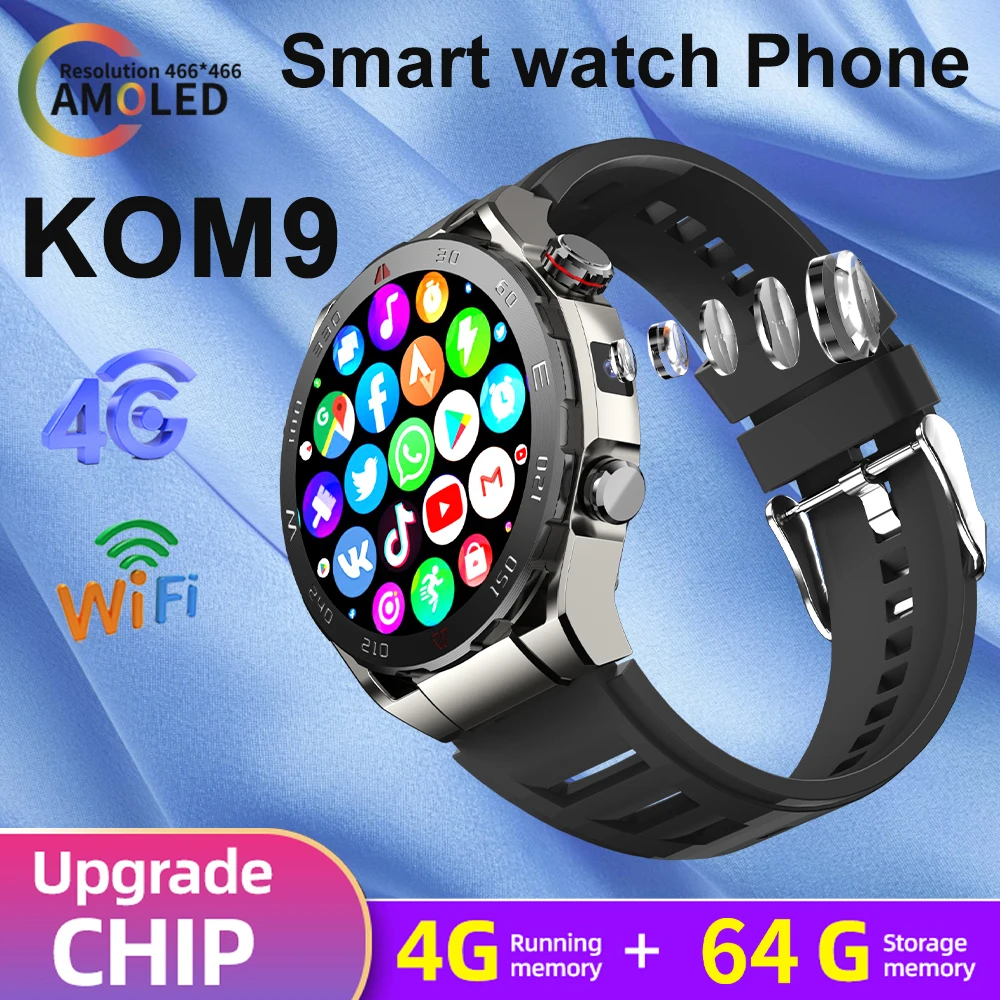 XUESEVEN KOM9 4G + 64G 스마트워치, 4G 네트워크 SIM 카드, GPS 1.43 인치 스크린, HD 카메라, 구글 스토어, 스포츠, 안드로이드 남성용 스마트 워치 폰