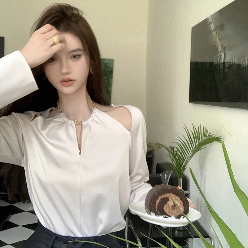 

Однотонная блузка с длинным рукавом, топы, женская темпераментная Модная тонкая рубашка