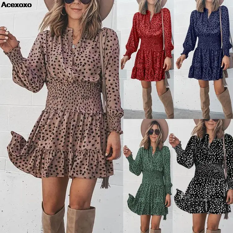 

2023 summer new women's fashion casual spot print elastic waistband hot style dress
