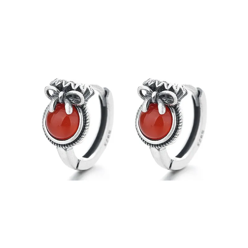 

219FR ZFSILVER 925 Silver Fashion Trend Fresh Design Retro South Red Agate Lovely Bowknot Earrings For Women Charm Party Jewelry