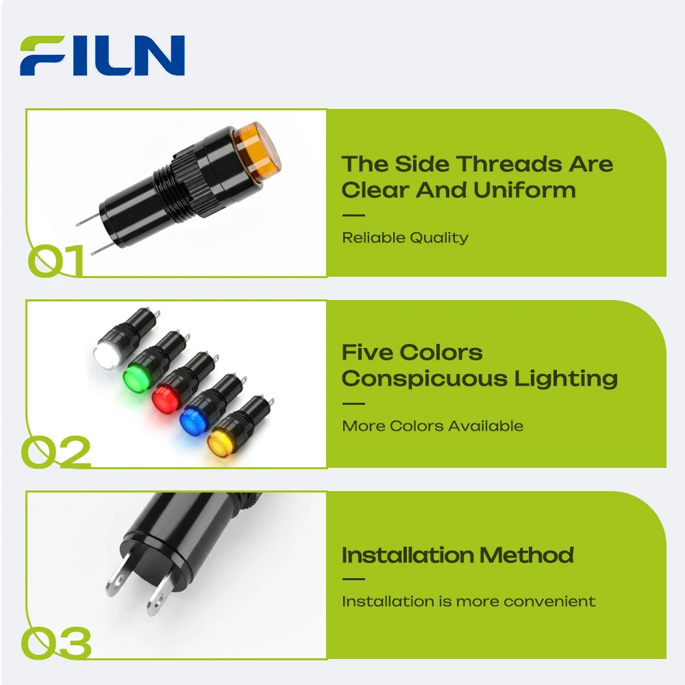 FILN 3PCS 10mm IP67 방수 상태 표시등 2핀 마운트 LED 표시등 12V-24V 트럭 운전실 상업용 제어 대시보드용
