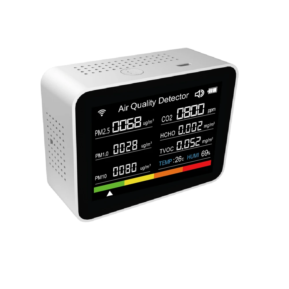 A Smart Air Quality Tester is a white rectangular device equipped with a display, suitable for monitoring indoor environments.