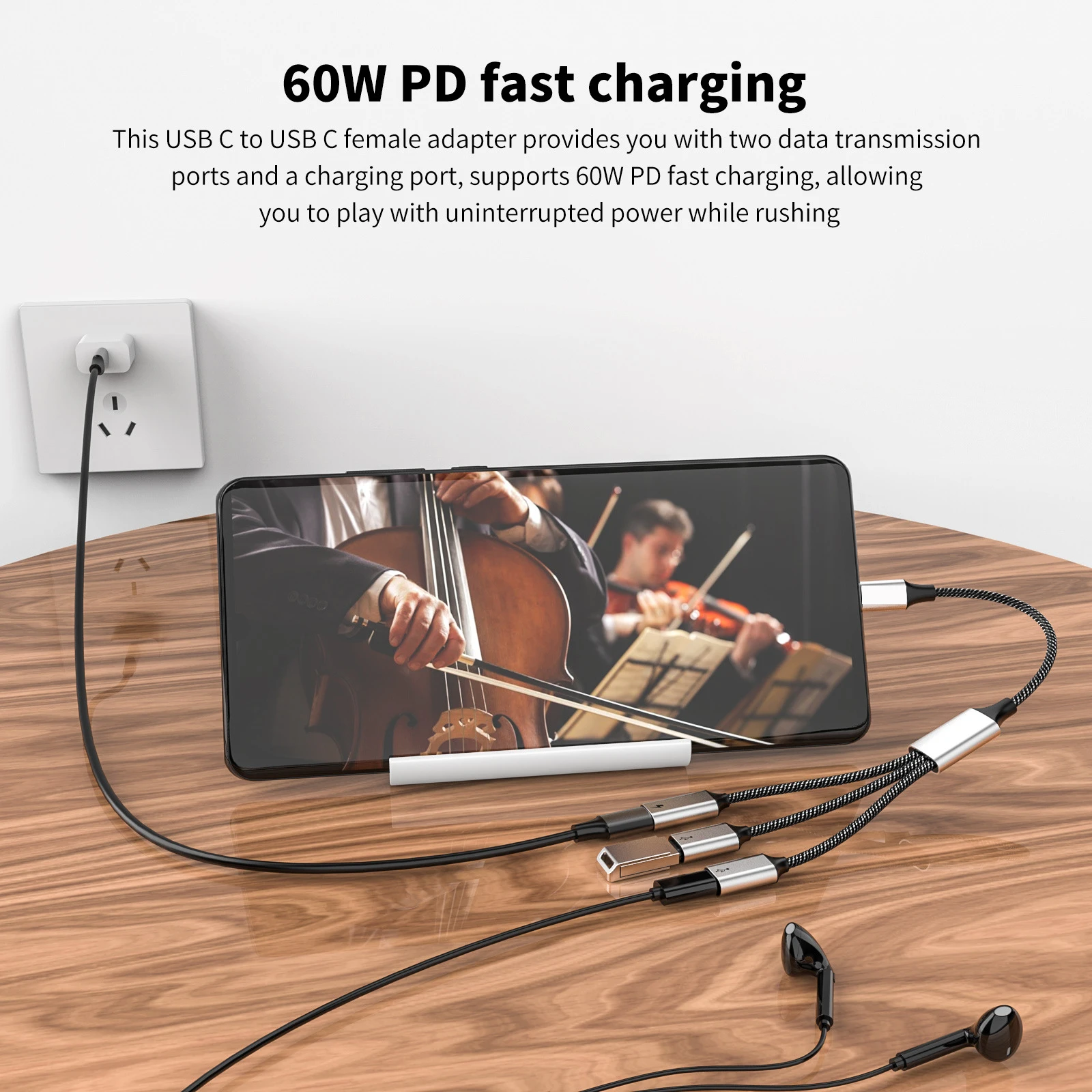 USB C to USB C Female PD 60W Splitter Y Cable Male to 3 USB-C Female Cord Converter for Laptop Mac Xbox One Series X/S PS5