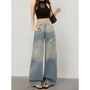 Jeans déchirés à jambes larges pour femmes, nouvelle tendance estivale, taille haute, amincissants, pantalons en denim amples et droits