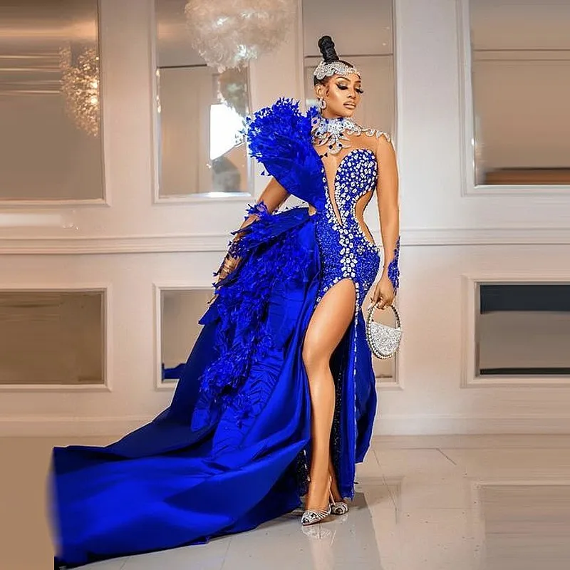 Sexy Royal Blue Long Sleeves High Neck Beading Prom Dress