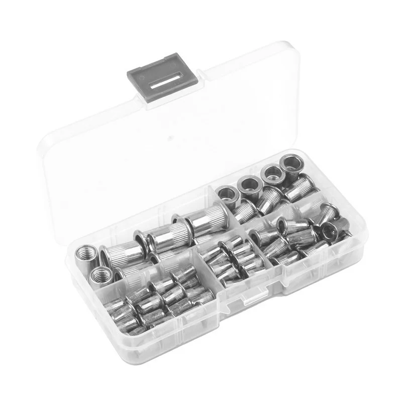 100pcs M3-M8 Aluminum Multi Flat Head Metric Thread Blind Rivet Nut Insert Rivnut Nutsert Screw Nut Gun Tool Kit With Box