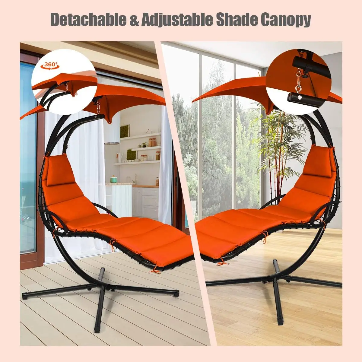 Hanging Chaise Lounger Chair, Arc Stand Porch Swing Chair w/Canopy, Cushion Built-in Pillow, Outdoor Freestanding Swing Hammock