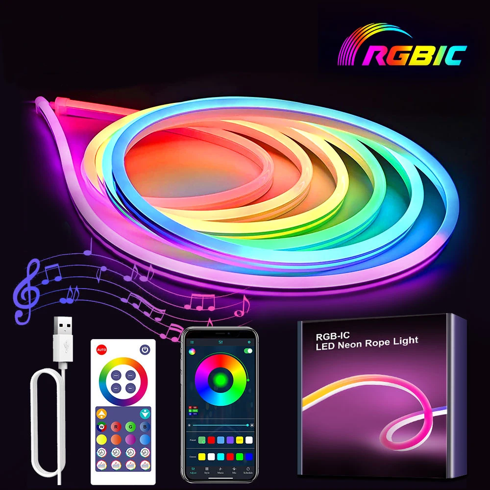 

LED Neon Light RGBIC 3m Usb LED Strip Lights Music Sync Tuya Smart App 16 Million Color Dimmable Chasing Strip Tape TV Backlight