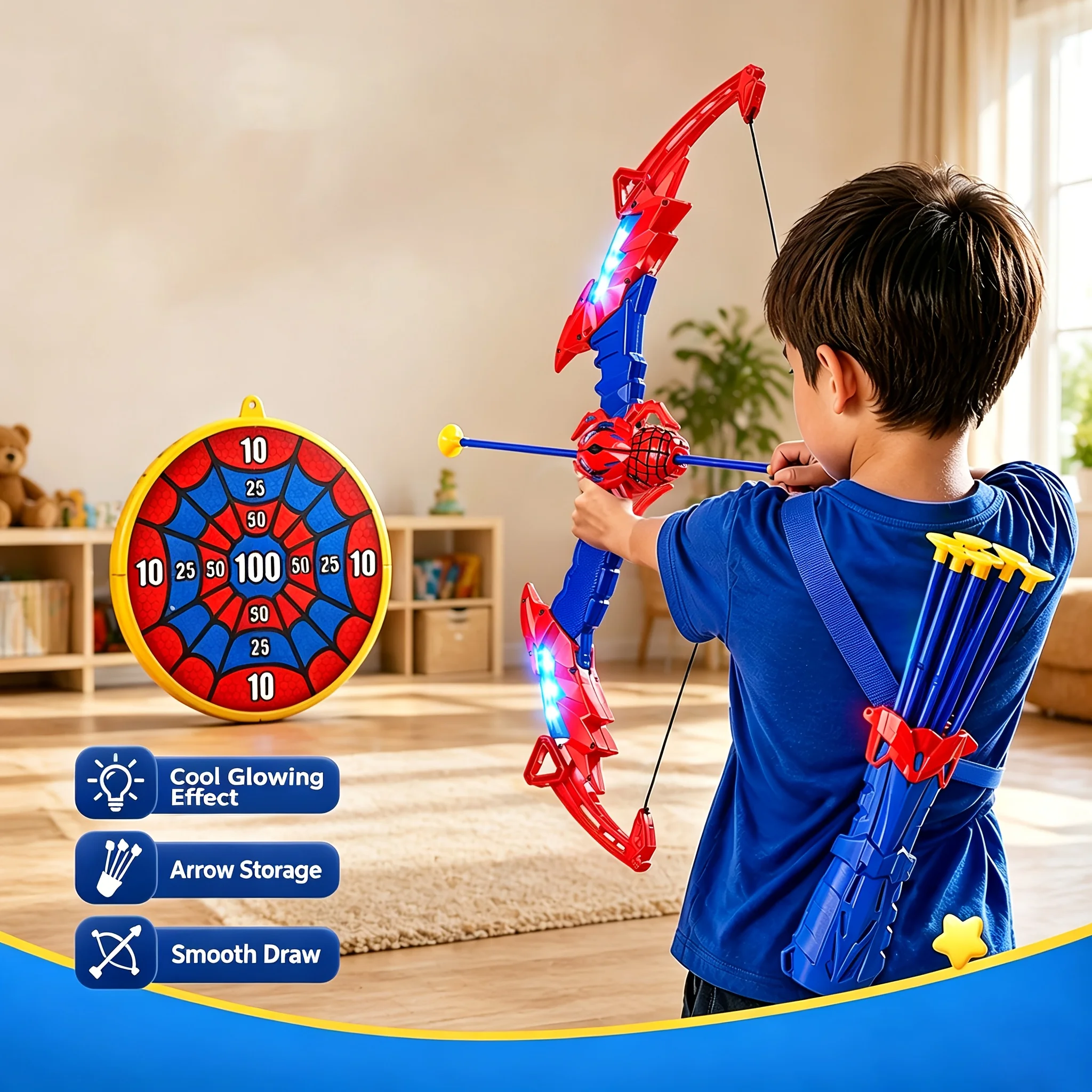 Set di arco e frecce con luci LED, 1 set, 10 frecce morbide con ventosa, bersaglio e torcia, giocattolo da tiro all'aperto per bambini, regalo di compleanno