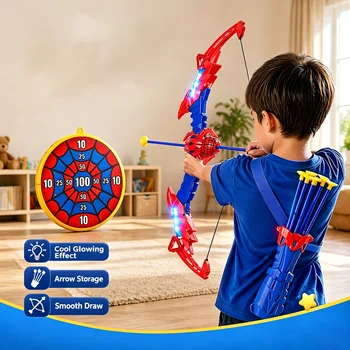 Set di arco e frecce con luci LED, 1 set, 10 frecce morbide con ventosa, bersaglio e torcia, giocattolo da tiro all'aperto per bambini, regalo di compleanno