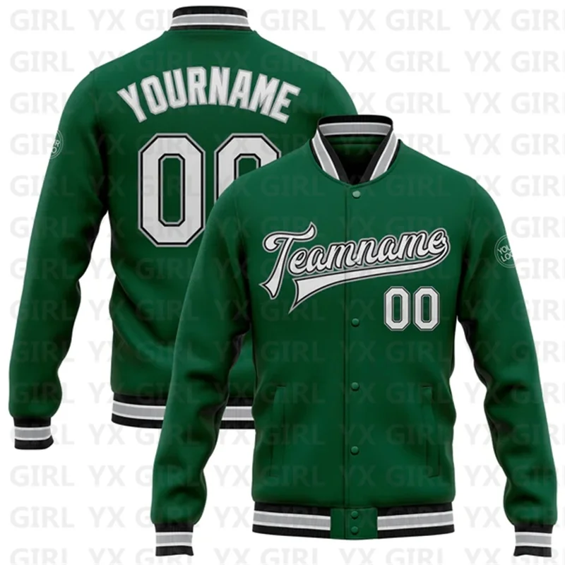 Custom Kelly Green White Black-Gray Bomber Full-Snap Varsity Letterman Jacket 3D Printed Baseball Button Jacket