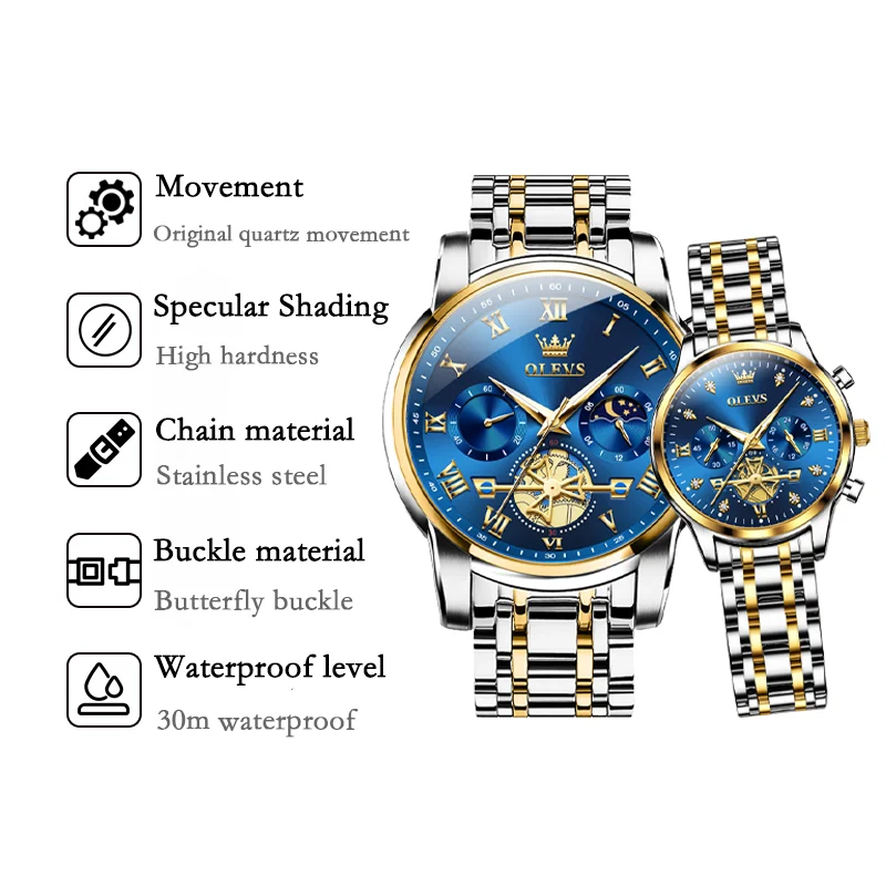 Couple Watches Waterproof Luminous Stainless Steel Quartz Watch His and Hers Moon Phase Fashion Lovers Set quartz watch,waterproof wristwatch,fashion couple watches