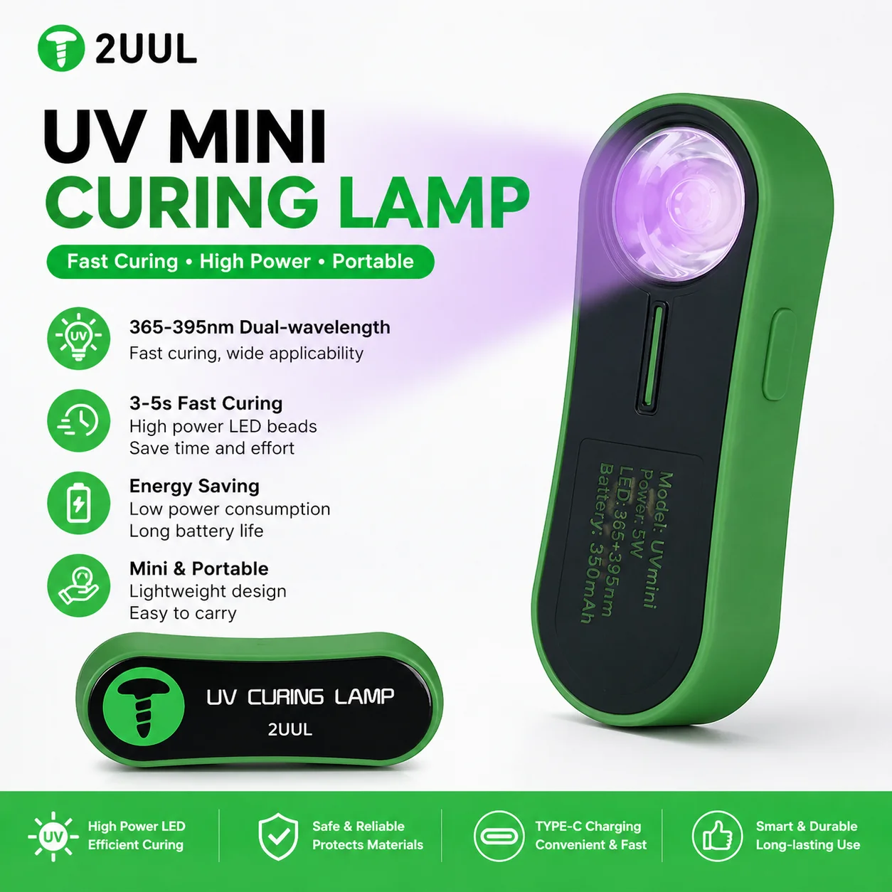 2UUL SC08 미니 UV 경화 램프 듀얼 밴드 365-395nm 타입-C 휴대폰 스크린 접착제 솔더 마스크 잉크 수리 PCB BGA SMD 수리 도구