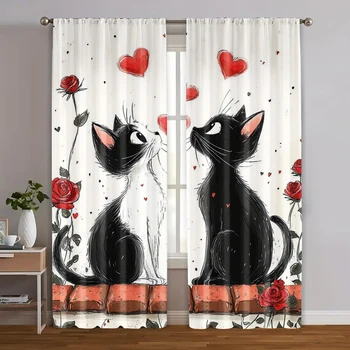 2 pezzi, tende di lusso La storia del gatto dell'amore. Tessuto lavabile in lavatrice (senza asta) per soggiorno, camera da letto, 1