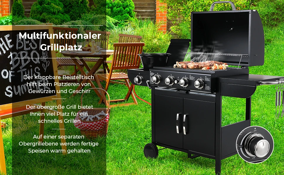 Gas-Grillwagen mit Piezo-Zündung & Thermometer für Gartenpartys