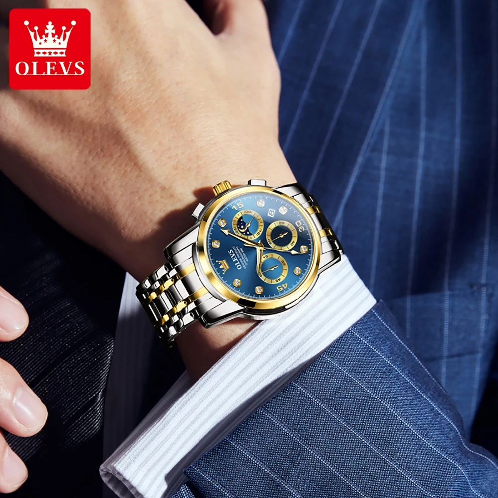 OLEVS Men's Watch Luxury Stainless Steel Luminous Waterproof Chronograph Moon Phase Wristwatch Quartz Watch for Men Reloj Hombre