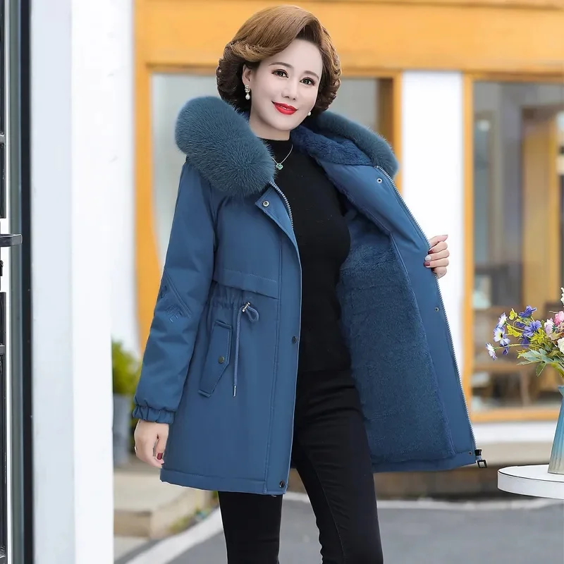 

Winter Cotton-Padded Jacket Add Velvet Thickening Keep Warm Coat Middle-Aged Female Mother Medium Long Overcoat Parka