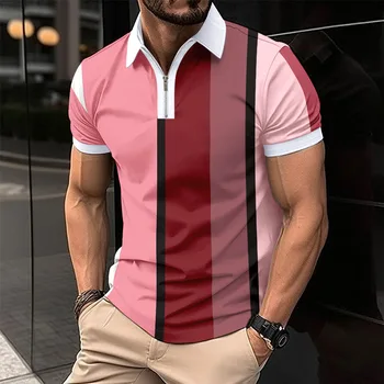 2023 Casual Men Short Sleeve Polo Shirt Slim-fit Zip Lapel Stripe Printing Streetwear Men's Clothing Party Top S-XXXL
