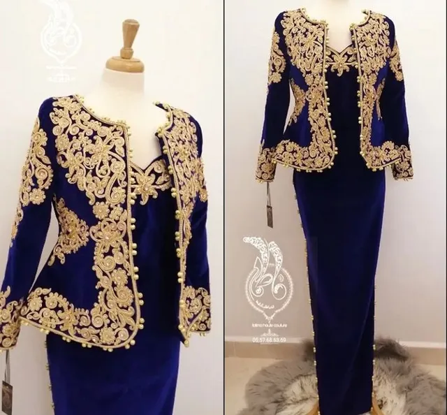 Royal Blue Velvet Prom Formal Dresses with Long Sleeve Jacket Customized Gold Lace Karakou Algerien Outfit Evening Occasion Gown 1